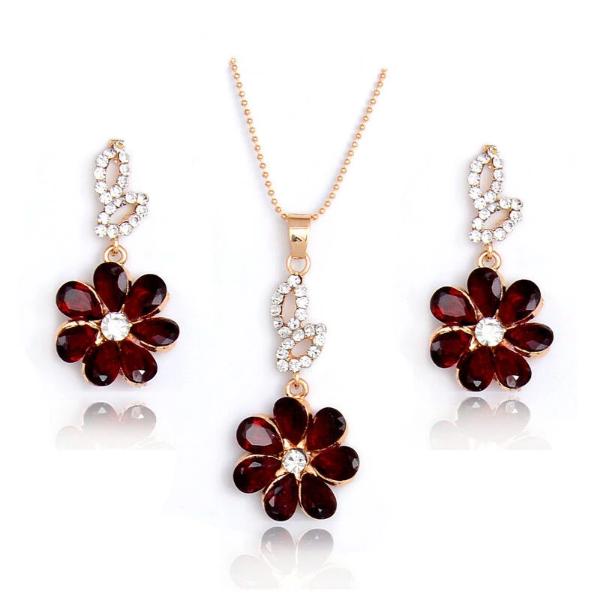 Flower Red Crystal Gold Necklace Earrings Set-SPARKLE ARMAND