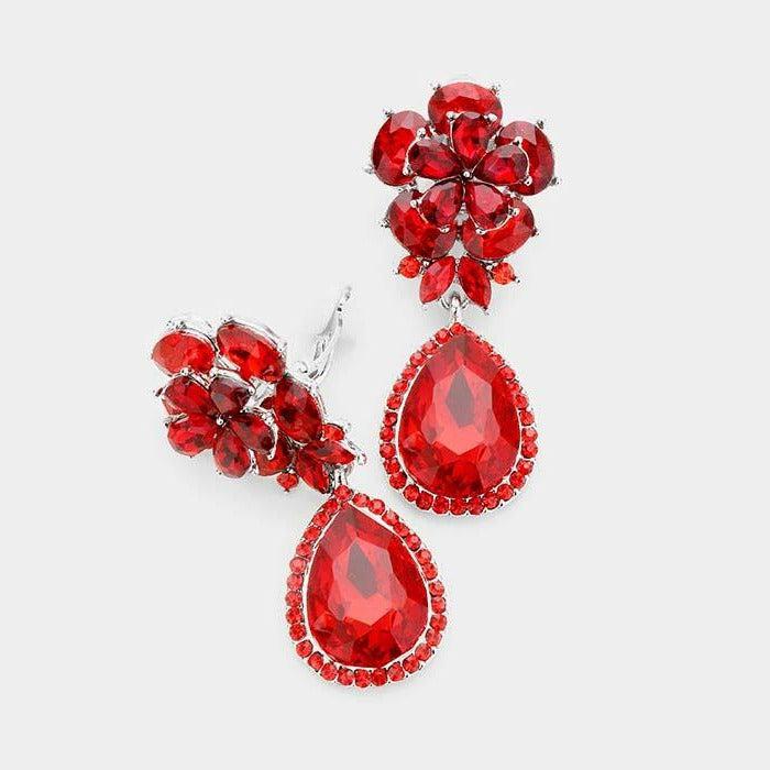 Flower Red Crystal Teardrop Dangle Clip on Earrings by Miro Crystal Collection