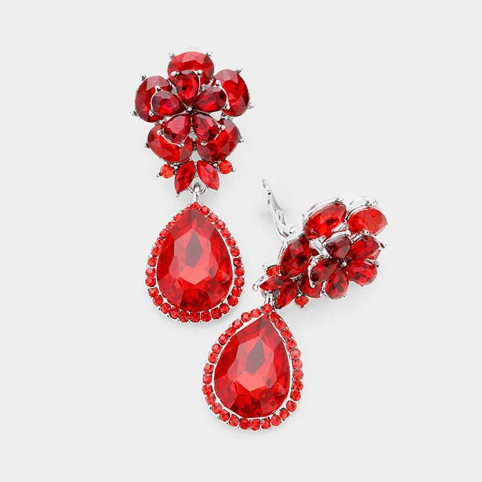 Flower Red Crystal Teardrop Dangle Clip on Earrings by Miro Crystal Collection