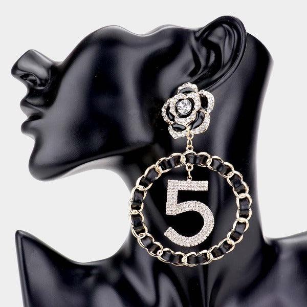 Flower Rhinestone No. 5 Black Faux Leather Earring-Earring-SPARKLE ARMAND