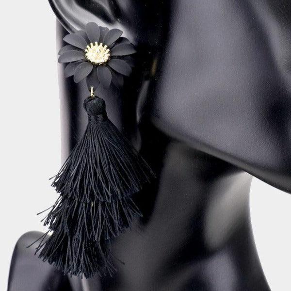 Flower Triple Layered Black Tassel Dangle Earrings-Earring-SPARKLE ARMAND