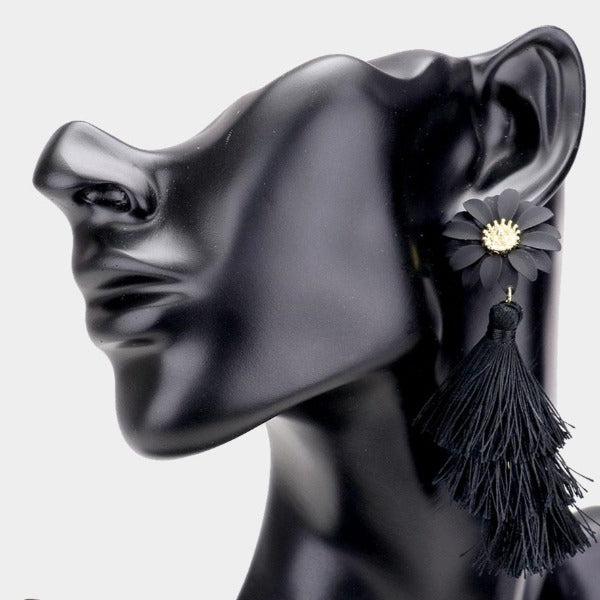 Flower Triple Layered Black Tassel Dangle Earrings-Earring-SPARKLE ARMAND