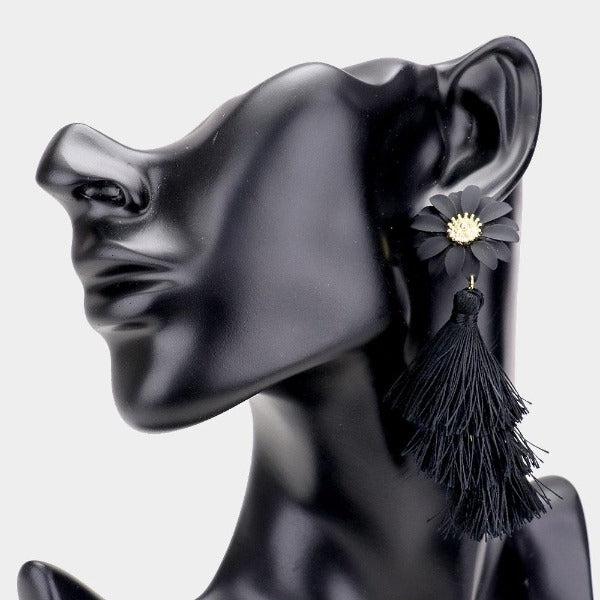Flower Triple Layered Black Tassel Dangle Earrings-Earring-SPARKLE ARMAND