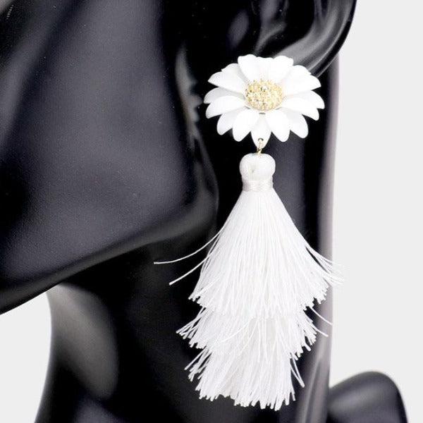 Flower Triple Layered White Tassel Dangle Earrings-Earring-SPARKLE ARMAND