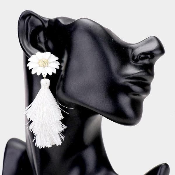 Flower Triple Layered White Tassel Dangle Earrings-Earring-SPARKLE ARMAND