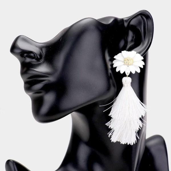 Flower Triple Layered White Tassel Dangle Earrings-Earring-SPARKLE ARMAND