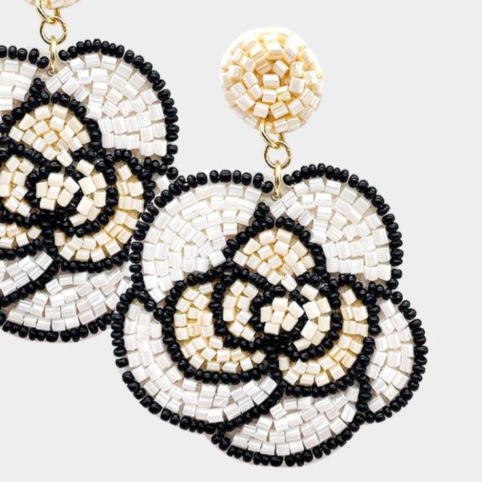 Flower White Seed Bead Dangle Earrings by Treasure Jewelry