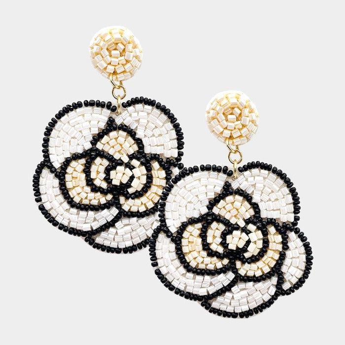 Flower White Seed Bead Dangle Earrings by Treasure Jewelry