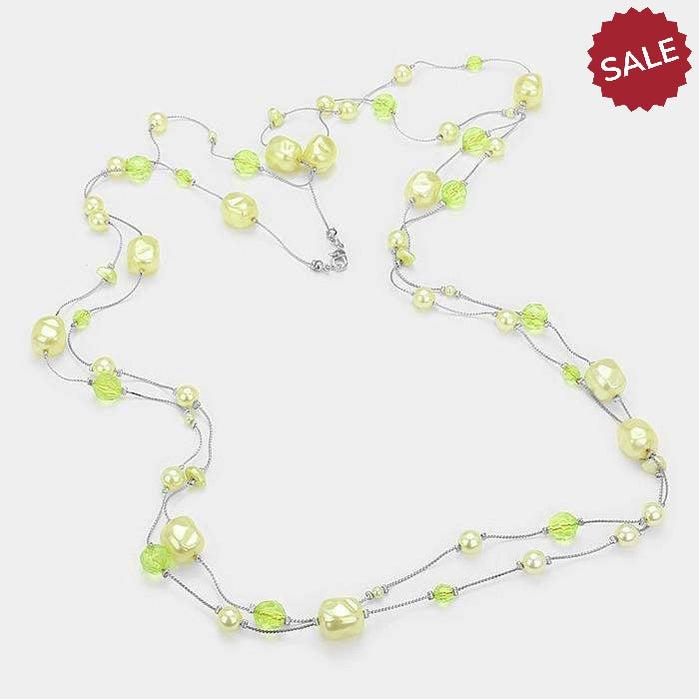 Fresh Pearl Station Rhodium, Green, Yellow Necklace & Earring Set-Necklace-SPARKLE ARMAND