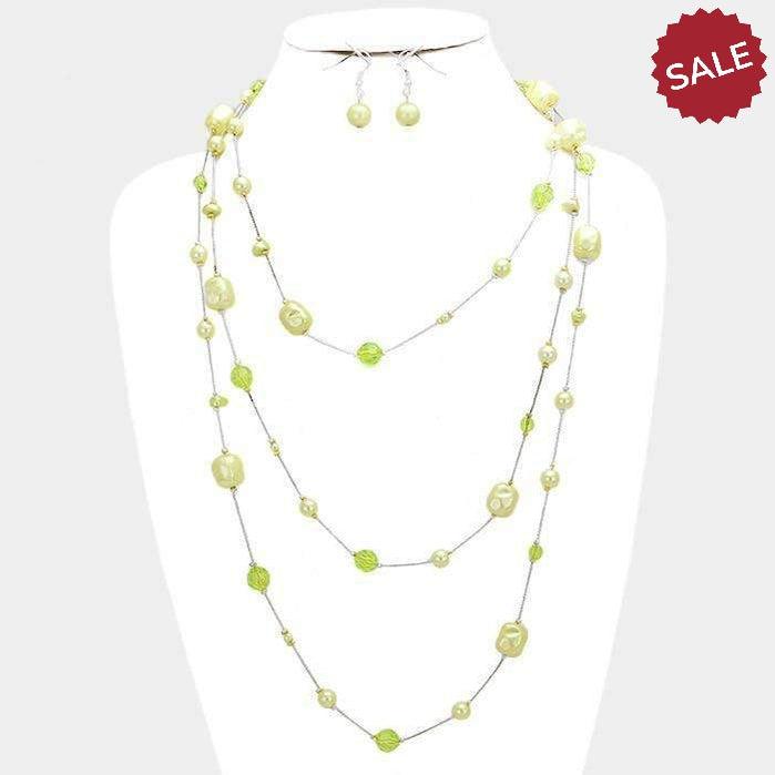 Fresh Pearl Station Rhodium, Green, Yellow Necklace & Earring Set-Necklace-SPARKLE ARMAND