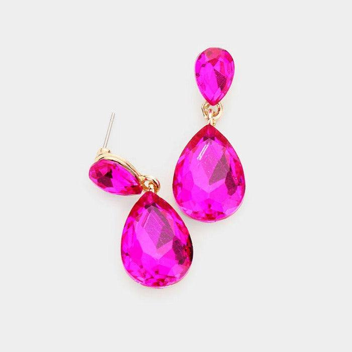 Fuchsia Crystal Double Teardrop Earrings