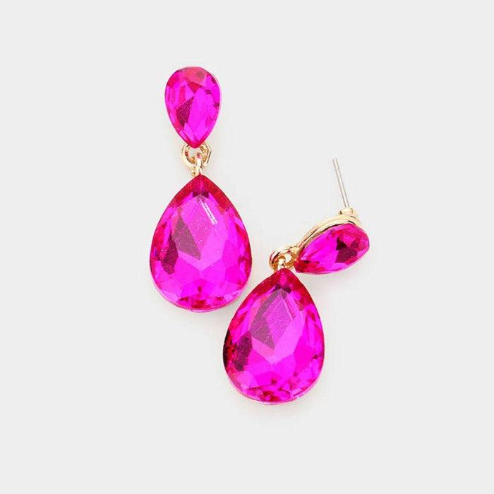 Fuchsia Crystal Double Teardrop Earrings