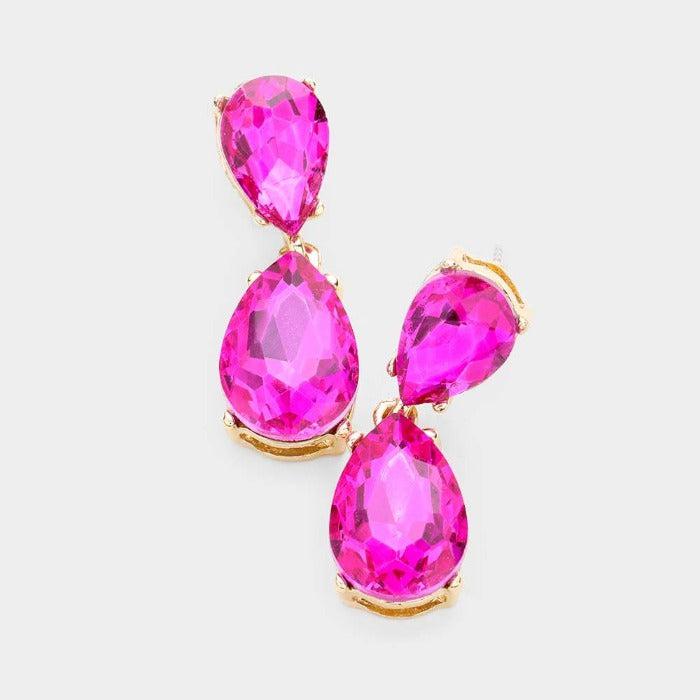 Fuchsia Crystal Double Teardrop Gold Earrings