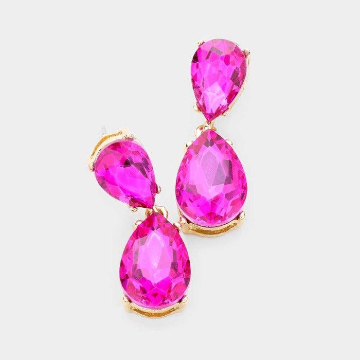 Fuchsia Crystal Double Teardrop Gold Earrings