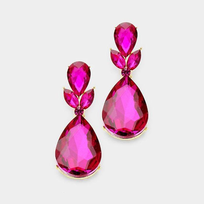 Fuchsia Pink Flower Crystal Teardrop Earrings-Earring-SPARKLE ARMAND