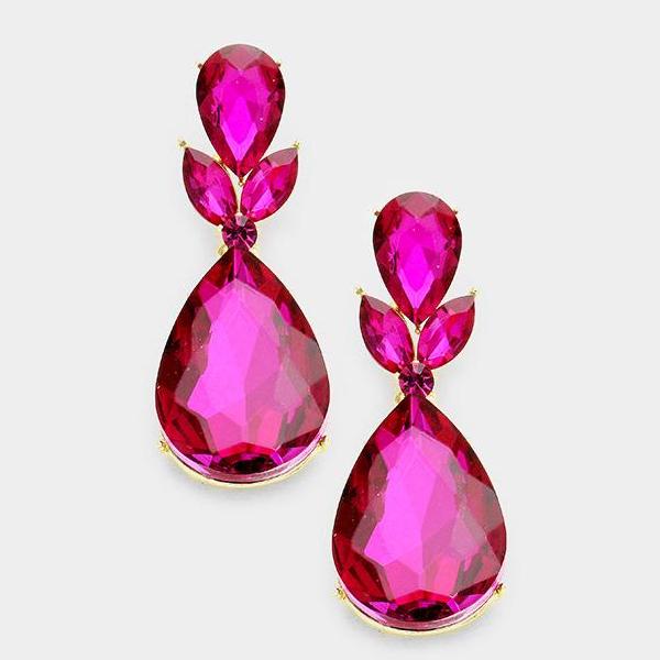 Fuchsia Pink Flower Crystal Teardrop Earrings-Earring-SPARKLE ARMAND