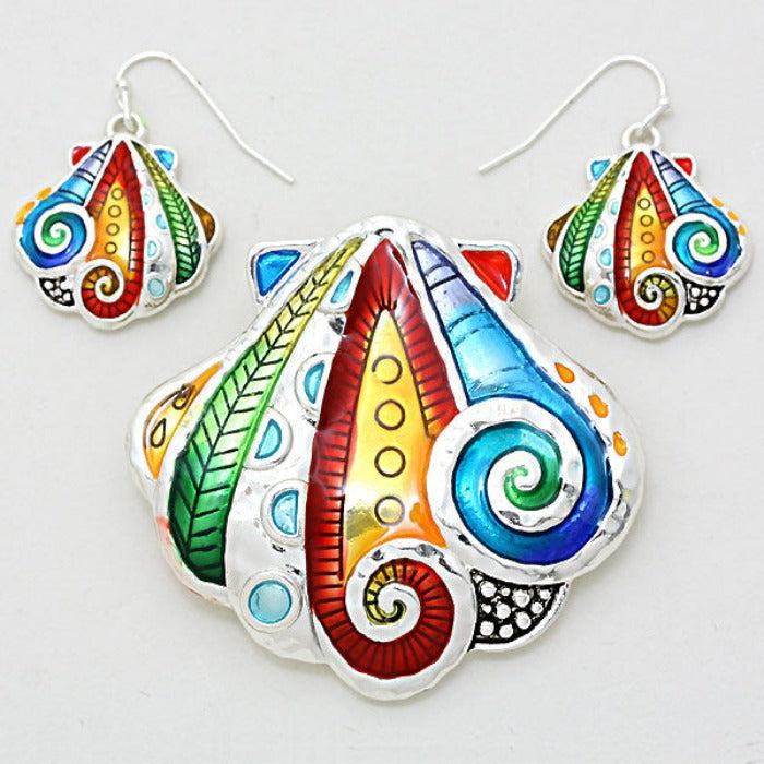 Funky Lacquered Enamel Sea Shell Pendant Set