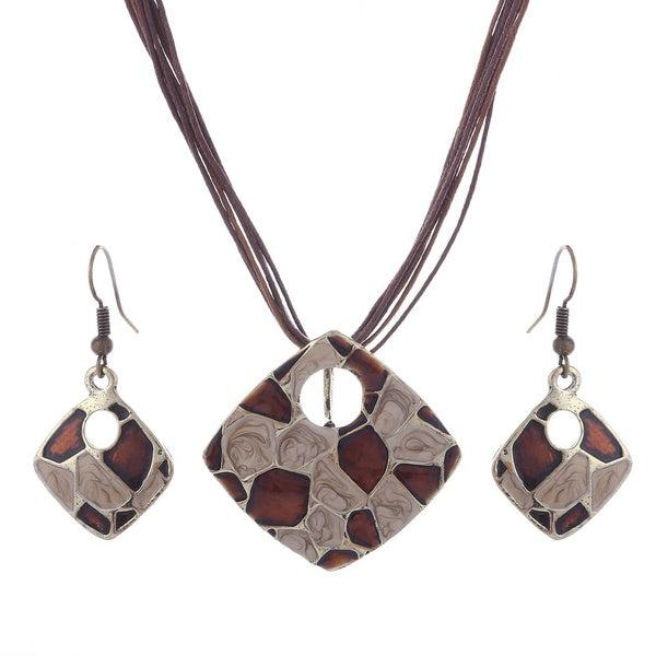 Geometric Brown & Ivory Necklace & Earrings Set-Necklace-SPARKLE ARMAND