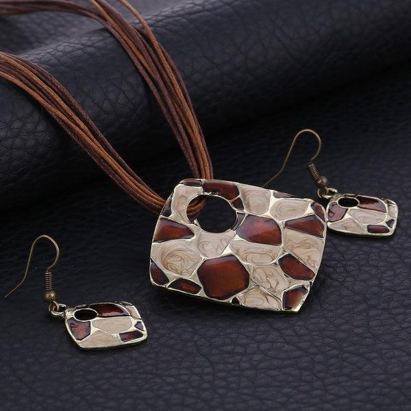 Geometric Brown & Ivory Necklace & Earrings Set-Necklace-SPARKLE ARMAND