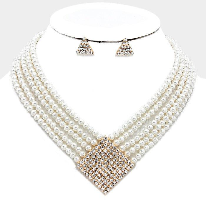Geometric Crystal Multi-Strand Cream Pearl Necklace Set