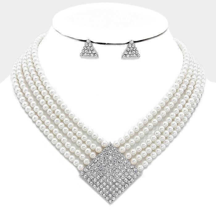 Geometric Crystal Multi-Strand White Pearl Necklace Set-Necklace-SPARKLE ARMAND