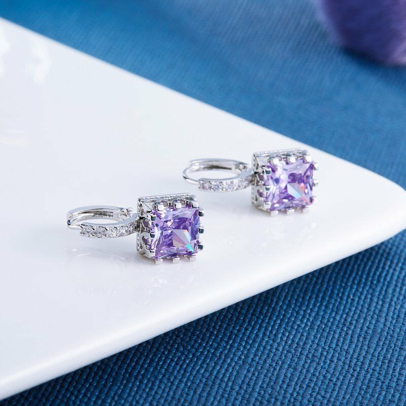Geometric Purple Square Zircon Silver Earrings-Earring-SPARKLE ARMAND