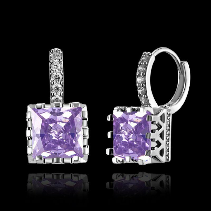 Geometric Purple Square Zircon Silver Earrings-Earring-SPARKLE ARMAND
