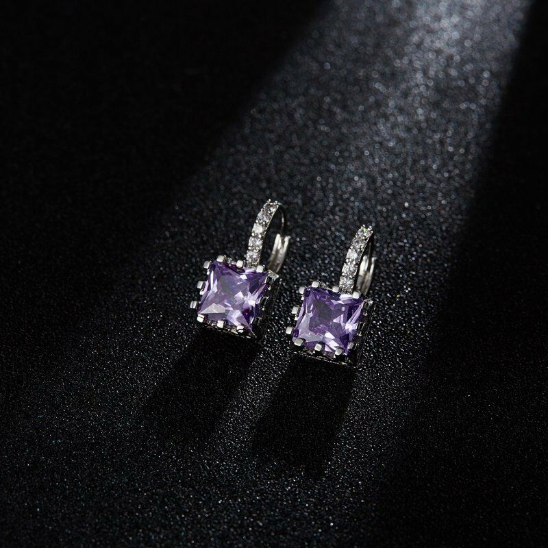 Geometric Purple Square Zircon Silver Earrings-Earring-SPARKLE ARMAND