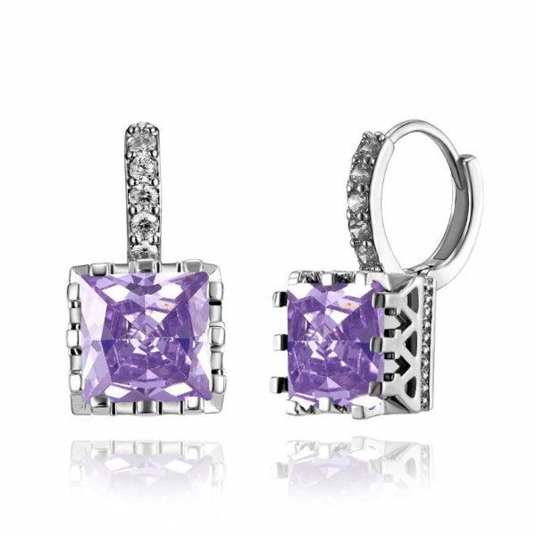 Geometric Purple Square Zircon Silver Earrings-Earring-SPARKLE ARMAND