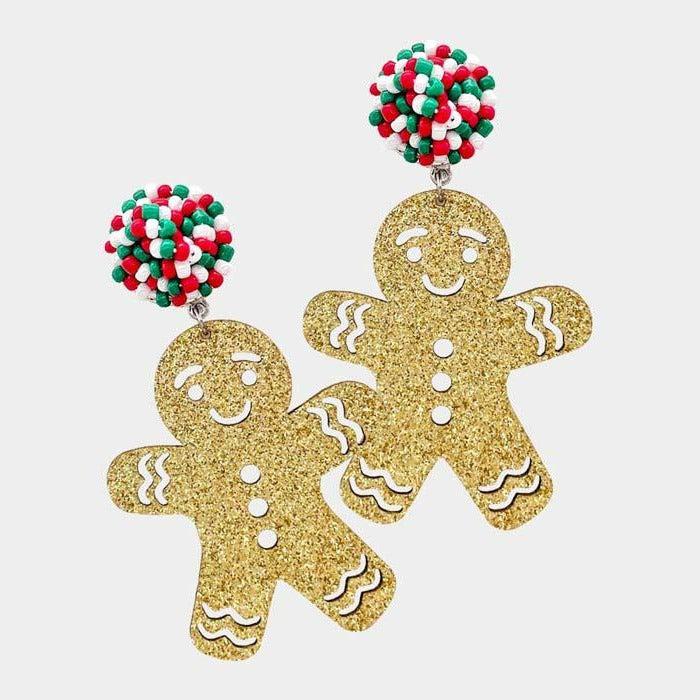 Gingerbread Man Gold Glitter Dangle Earrings