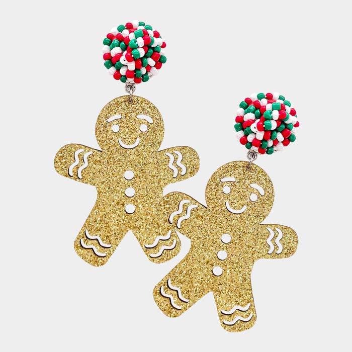 Gingerbread Man Gold Glitter Dangle Earrings