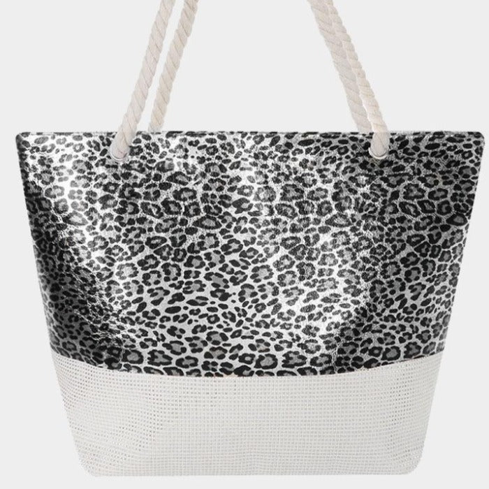 Glitter Leopard Silver Patterned Beach Tote Bag