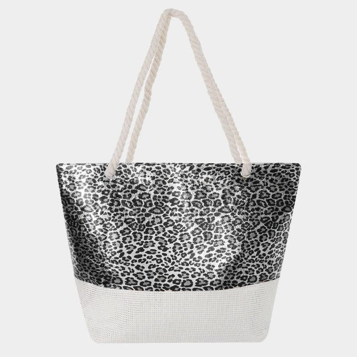 Glitter Leopard Silver Patterned Beach Tote Bag