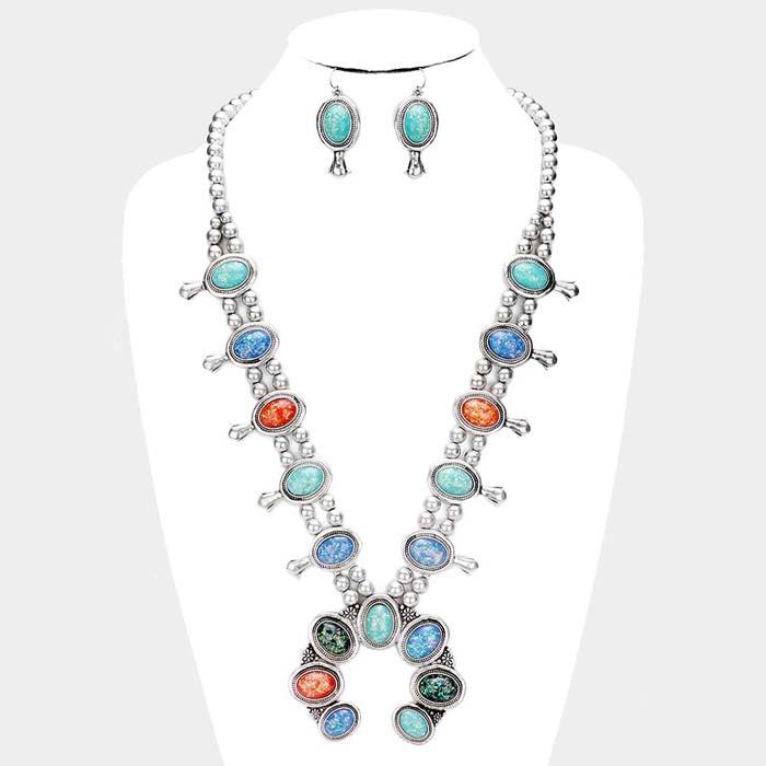 Glitter Multi Color Large Squash Blossom Tribal Necklace Set