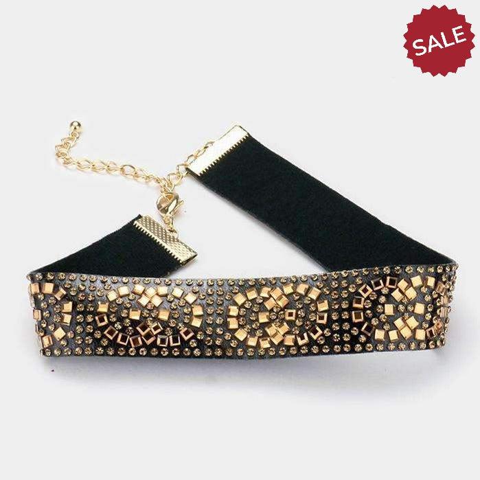 Gold & Crystal Studded Choker Necklace-Necklace-SPARKLE ARMAND