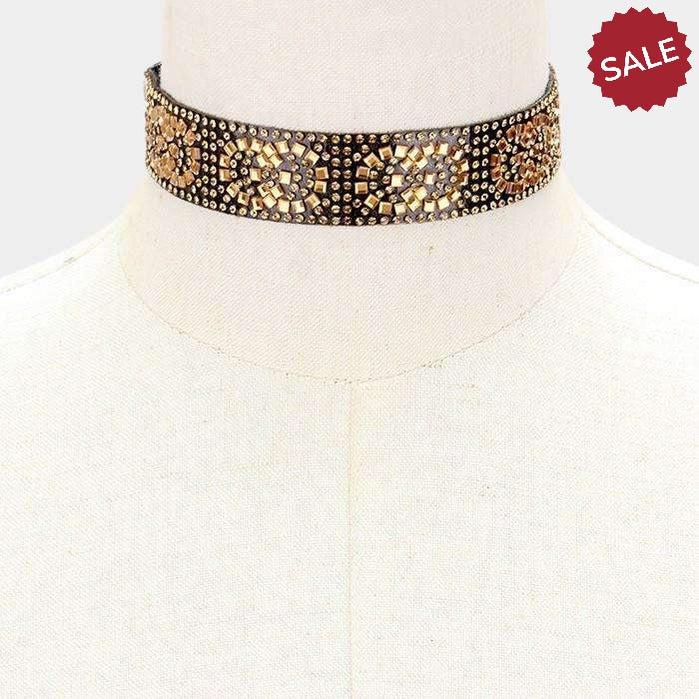 Gold & Crystal Studded Choker Necklace-Necklace-SPARKLE ARMAND