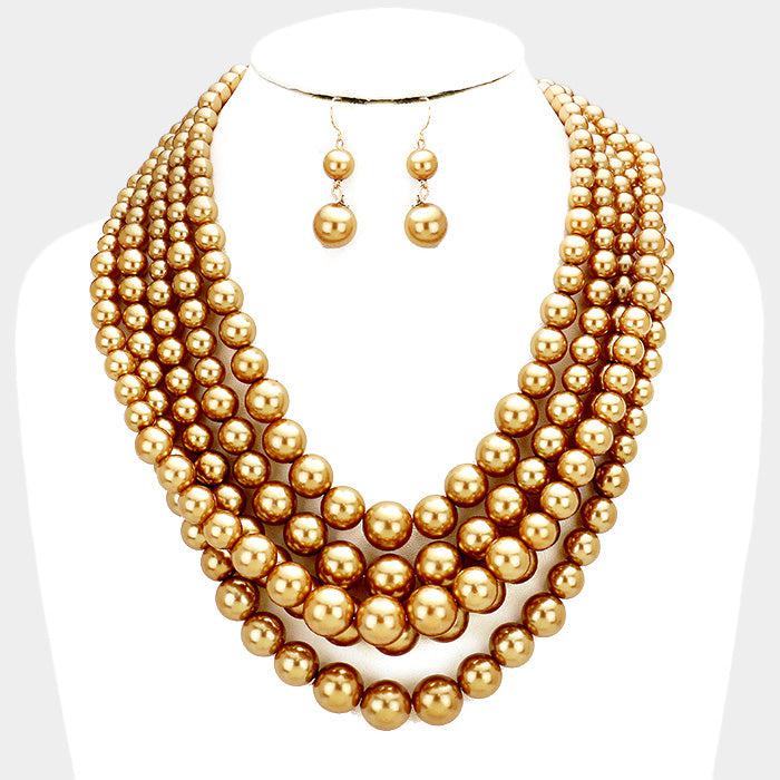  5 Strand Gold Pearl (faux) Necklace & Earring Set by core