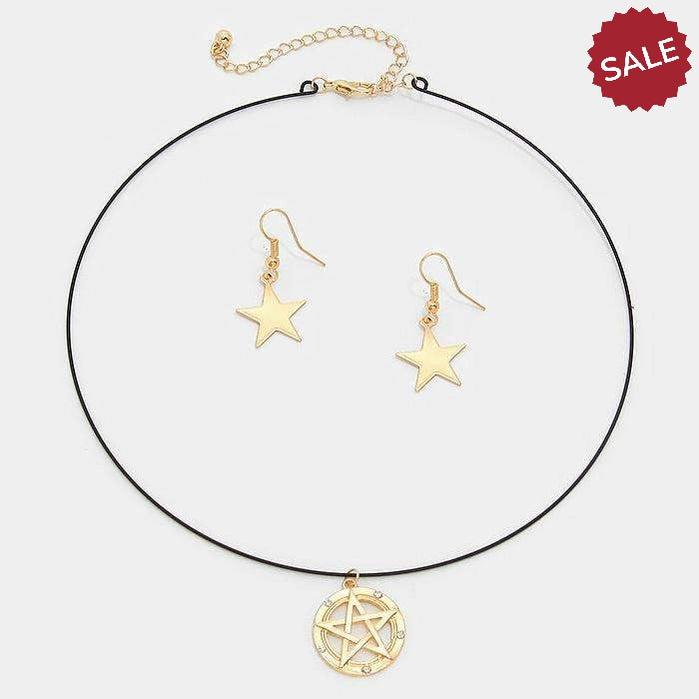 Gold Star Matte Black Wire Choker Necklace & Earring Set-Necklace-SPARKLE ARMAND