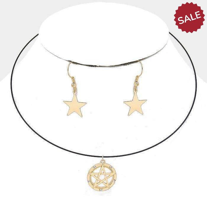 Gold Star Matte Black Wire Choker Necklace & Earring Set-Necklace-SPARKLE ARMAND