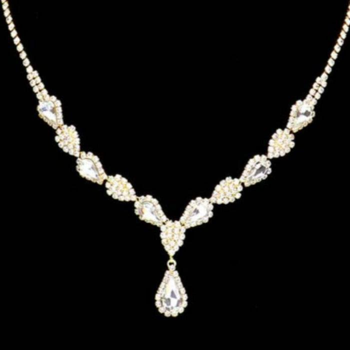 Gold Teardrop Stone Accented Rhinestone Necklace