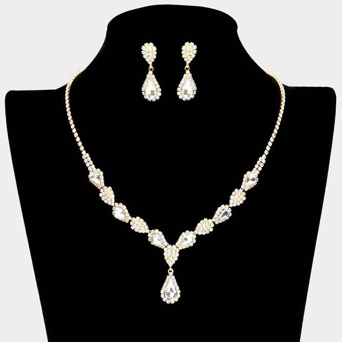 Gold Teardrop Stone Accented Rhinestone Necklace