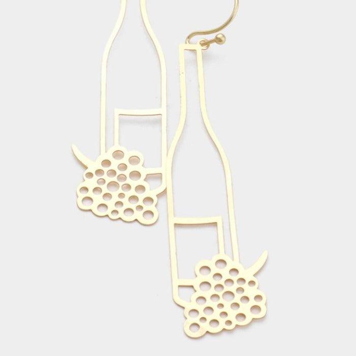 Gold Tone Grape Champagne Bottle Earrings-Earring-SPARKLE ARMAND
