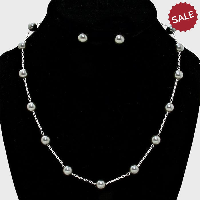 Gray Faux Pearl & Silver Station Necklace & Earring Set 17"-Necklace-SPARKLE ARMAND