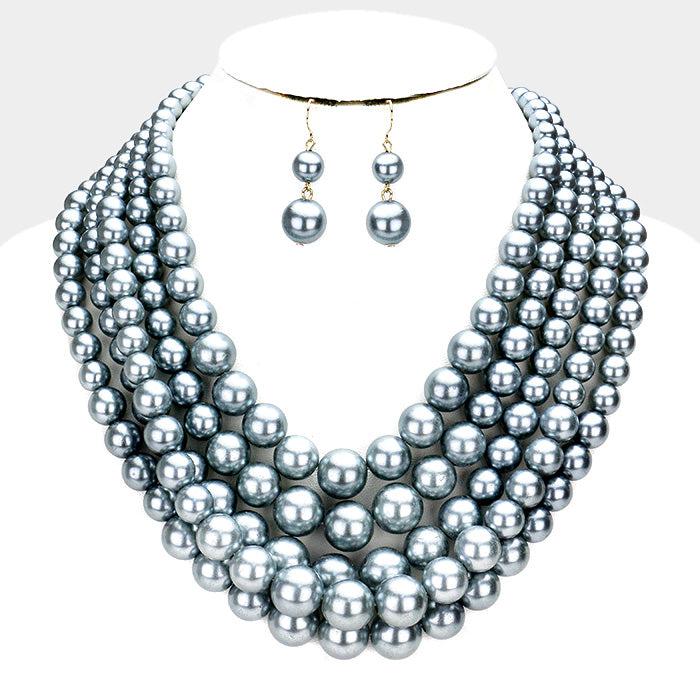  5 Strand Gray Pearl (faux) Necklace & Earring Set by core