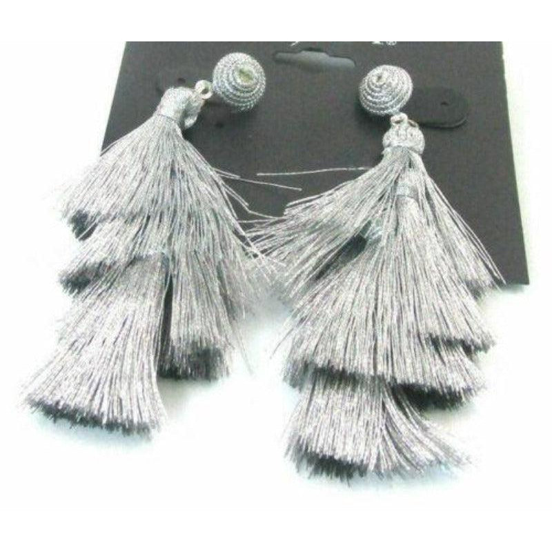 Gray Tassel Silver Pierced Earrings-Earring-SPARKLE ARMAND