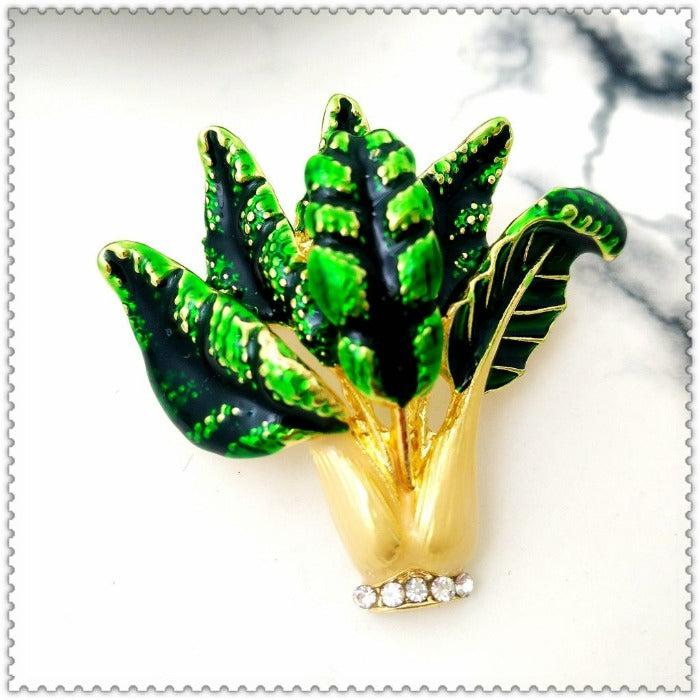 Green Cabbage with Crystals Brooch Pin