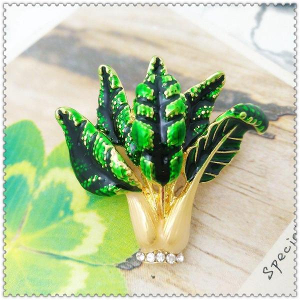 Green Cabbage with Crystals Brooch Pin