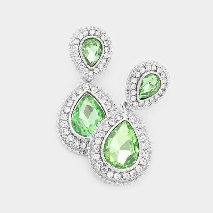 Green Crystal Pave Silver Evening Earrings
