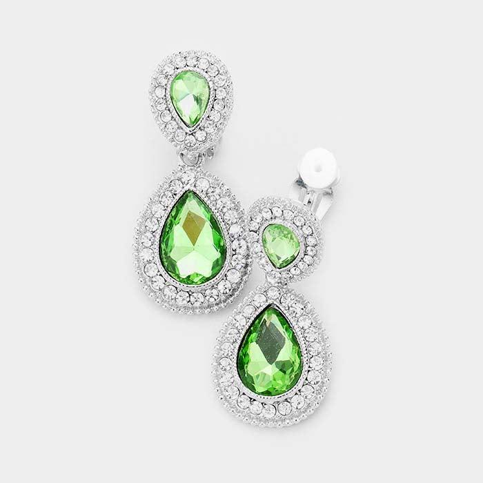 Green Crystal Pave Trim Teardrop Clip on Earrings by Miro Crystal Collection