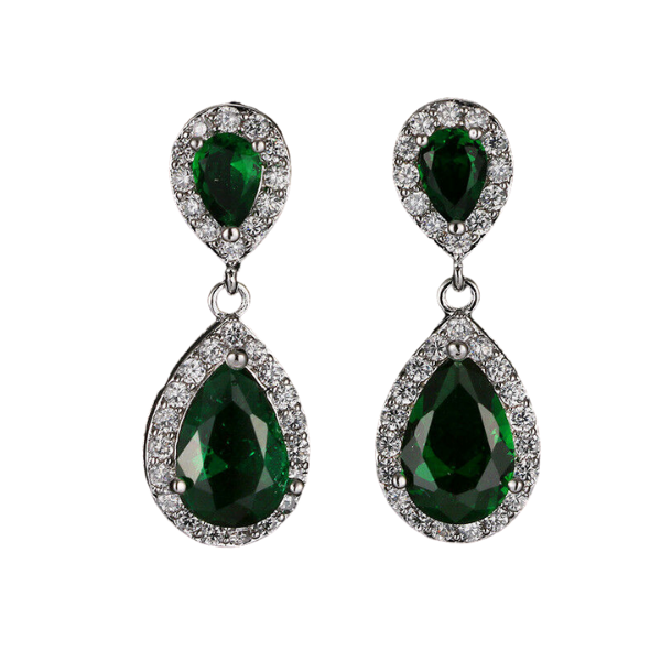 Green Crystal Rhinestone Silver Teardrop Dangle Earrings-Earring-SPARKLE ARMAND